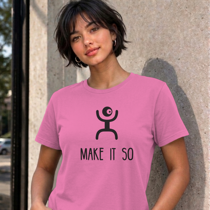 Woman wearing the azalea Make It So graphic tee