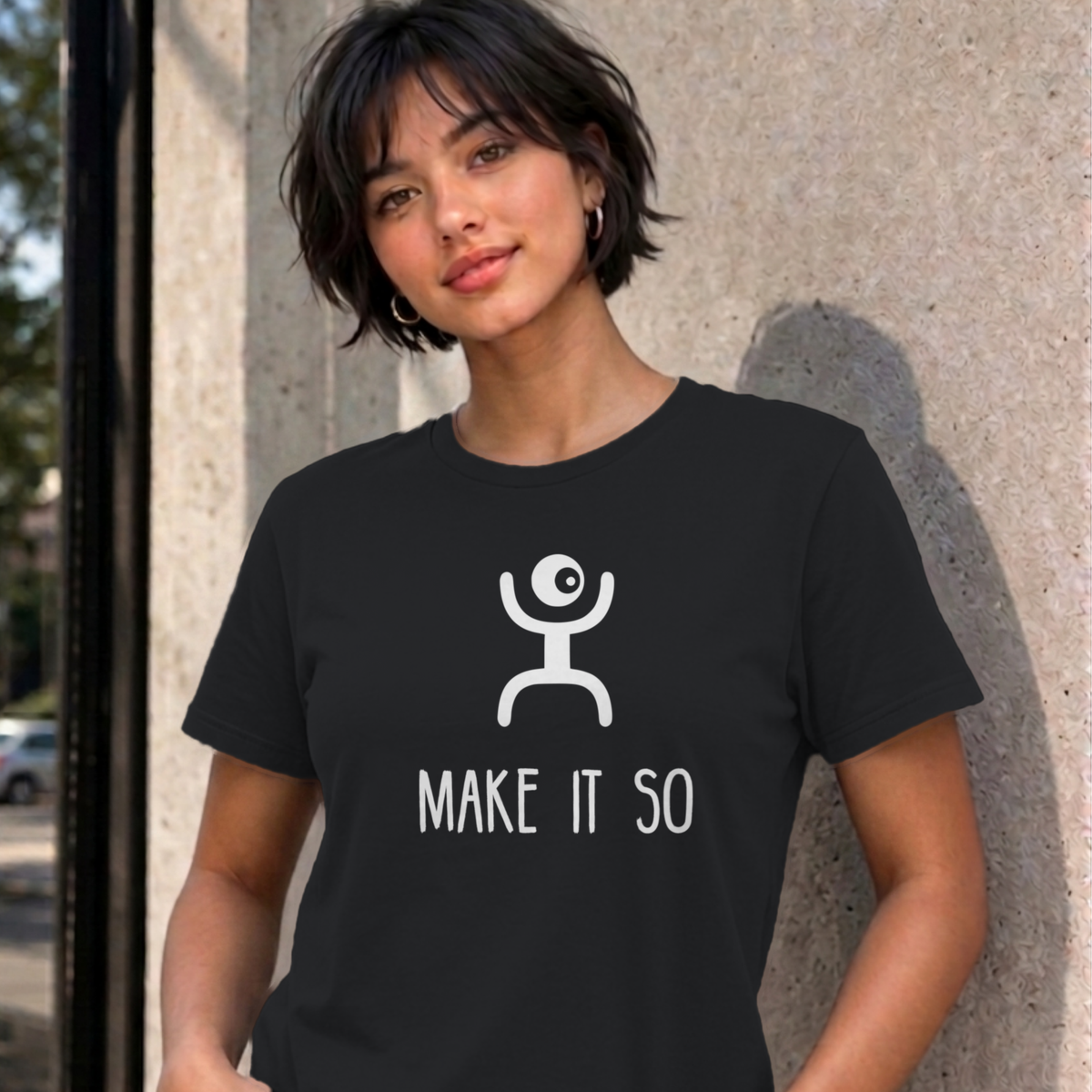 Woman wearing the black Make It So graphic tee