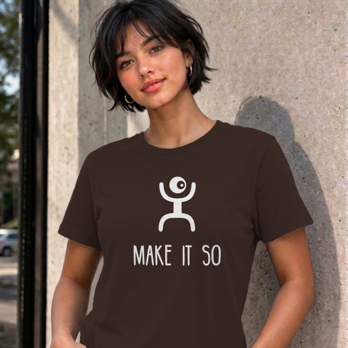 Woman wearing the dark chocolate Make It So graphic tee