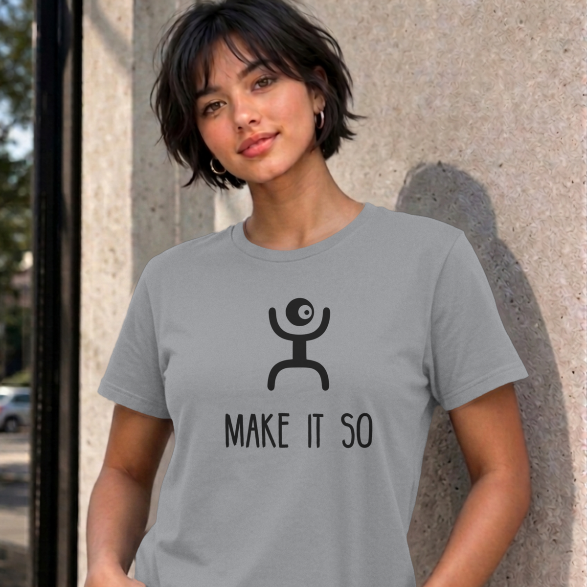 Woman wearing the sport grey Make It So graphic tee