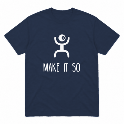 Make It So graphic tee in navy with white print, front view