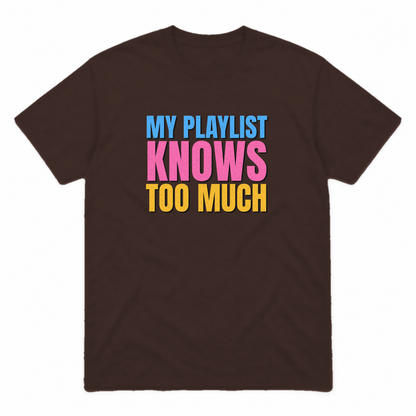 My Playlist Knows Too Much graphic tee in dark chocolate with blue, pink and gold lettering, front view