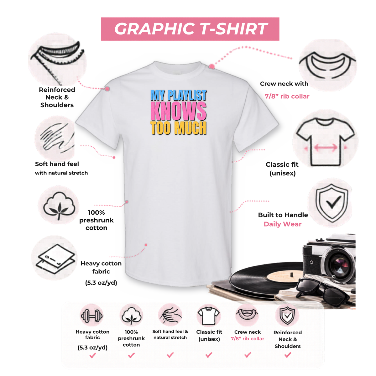 Gildan 5000 graphic tee features: reinforced neck, rib collar, classic unisex fit, heavy cotton