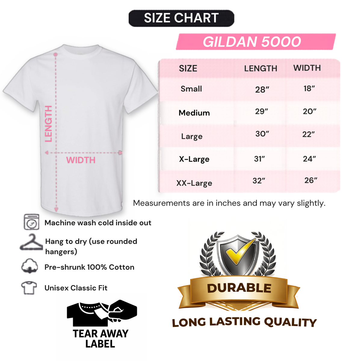 Gildan 5000 unisex size chart: Small to XX-Large, length and width in inches