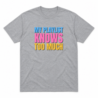 My Playlist Knows Too Much graphic tee in sport grey with blue, pink and gold lettering, front view