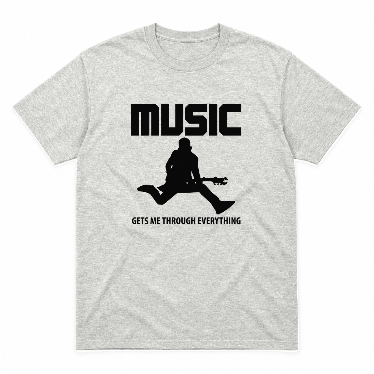 Music Gets Me Through graphic tee in ash with black print, front view
