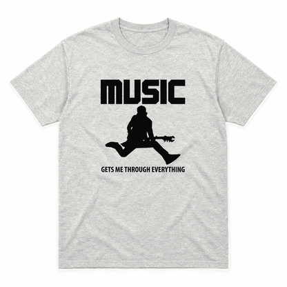 Music Gets Me Through graphic tee in ash with black print, front view