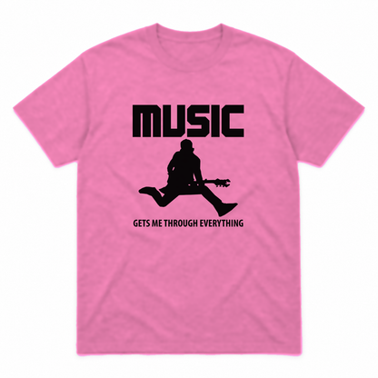 Music Gets Me Through graphic tee in azalea with black print, front view