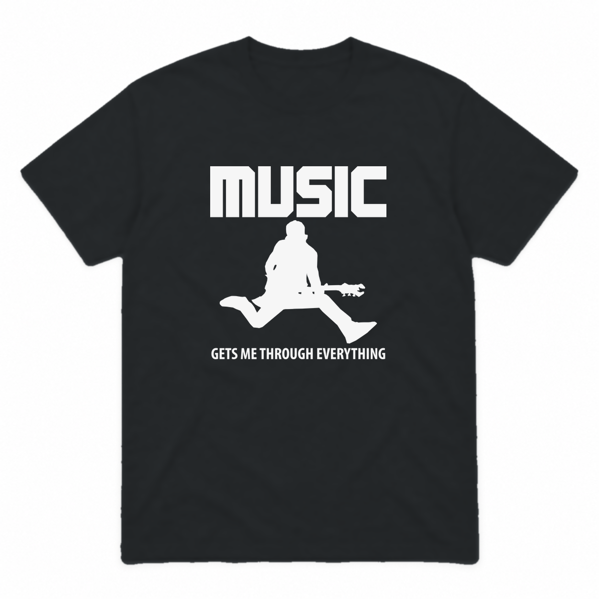 Music Gets Me Through graphic tee in black with white print, front view