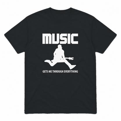 Music Gets Me Through graphic tee in black with white print, front view
