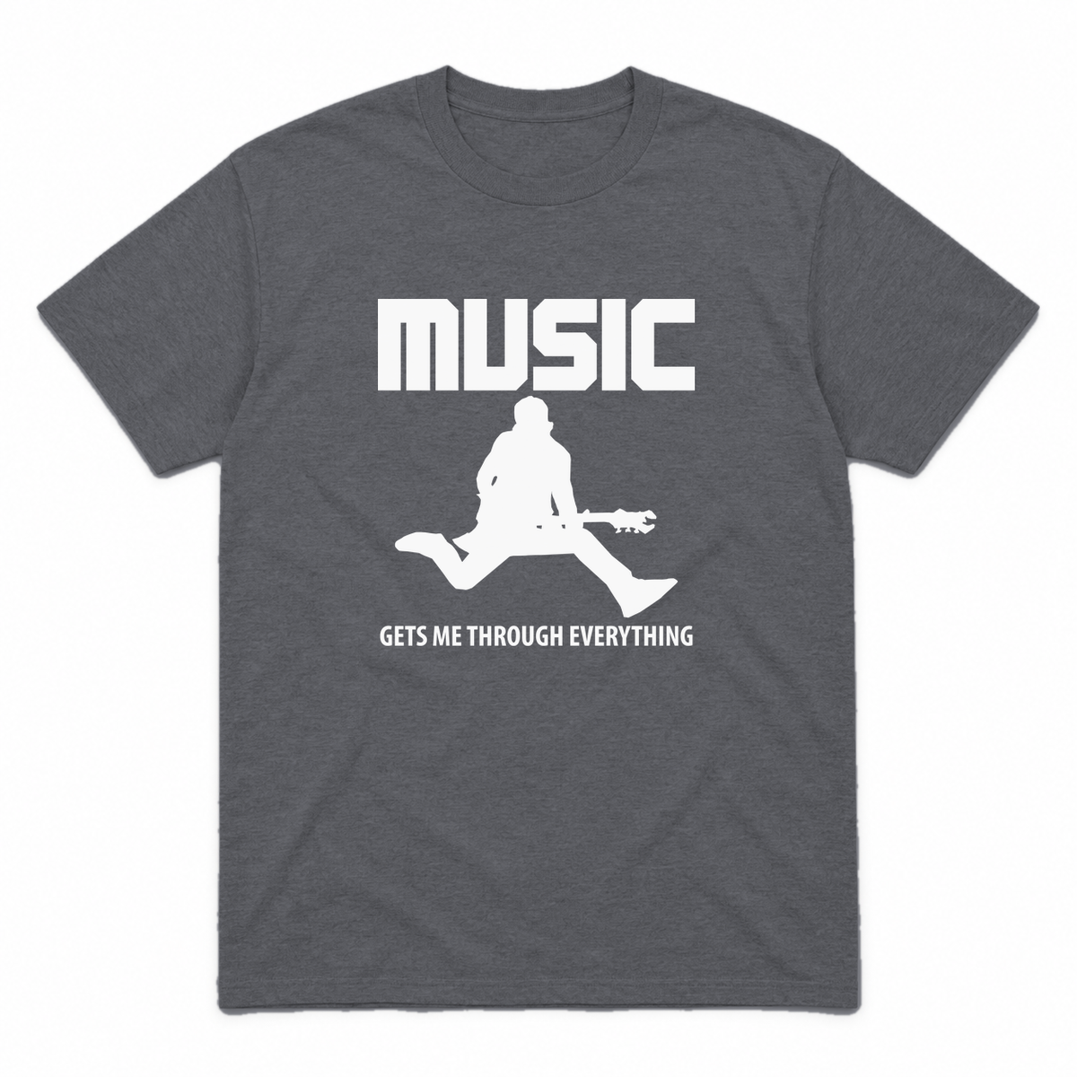 Music Gets Me Through graphic tee in charcoal with white print, front view