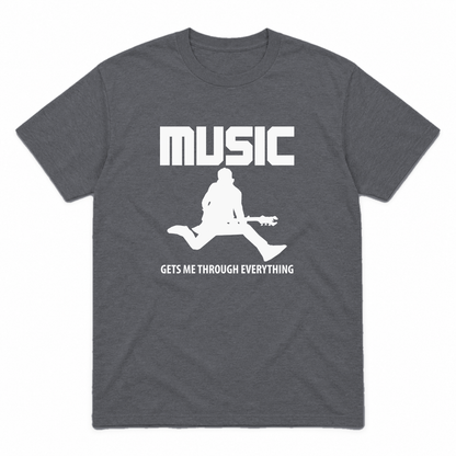 Music Gets Me Through graphic tee in charcoal with white print, front view