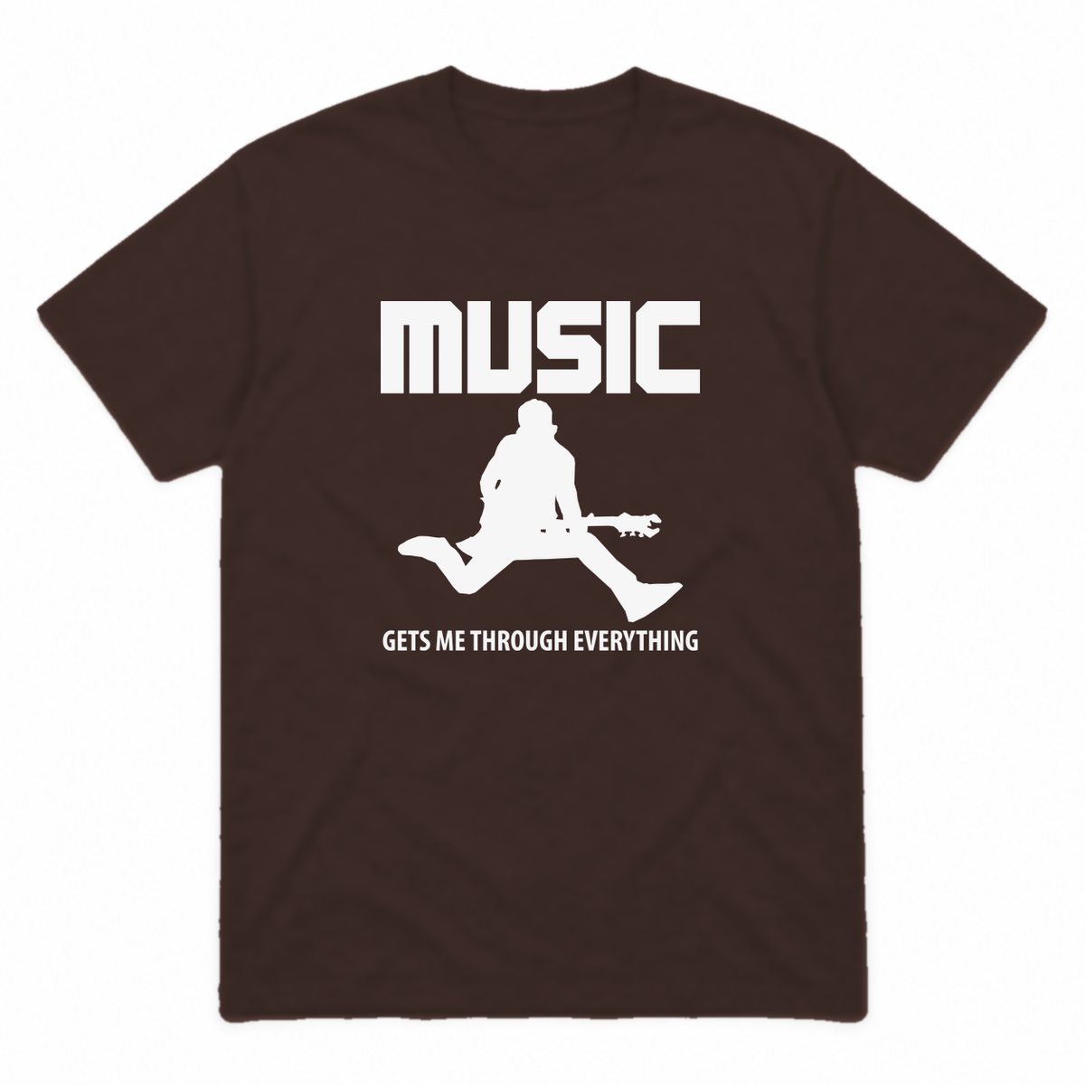 Music Gets Me Through graphic tee in dark chocolate with white print, front view