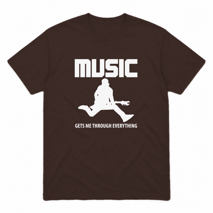 Music Gets Me Through graphic tee in dark chocolate with white print, front view