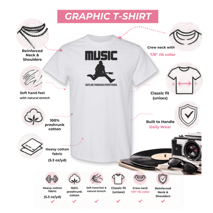 Gildan 5000 graphic tee features: reinforced neck, rib collar, classic unisex fit, heavy cotton