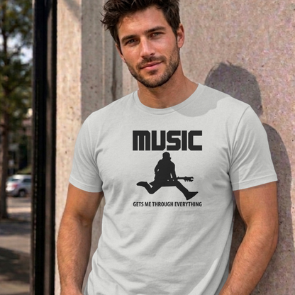 Man wearing the ash Music Gets Me Through graphic tee
