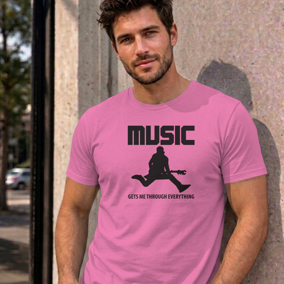 Man wearing the azalea Music Gets Me Through graphic tee