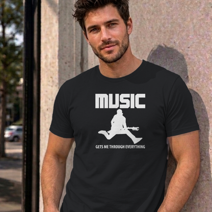 Man wearing the black Music Gets Me Through graphic tee