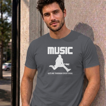 Man wearing the charcoal Music Gets Me Through graphic tee