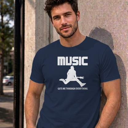 Man wearing the navy Music Gets Me Through graphic tee