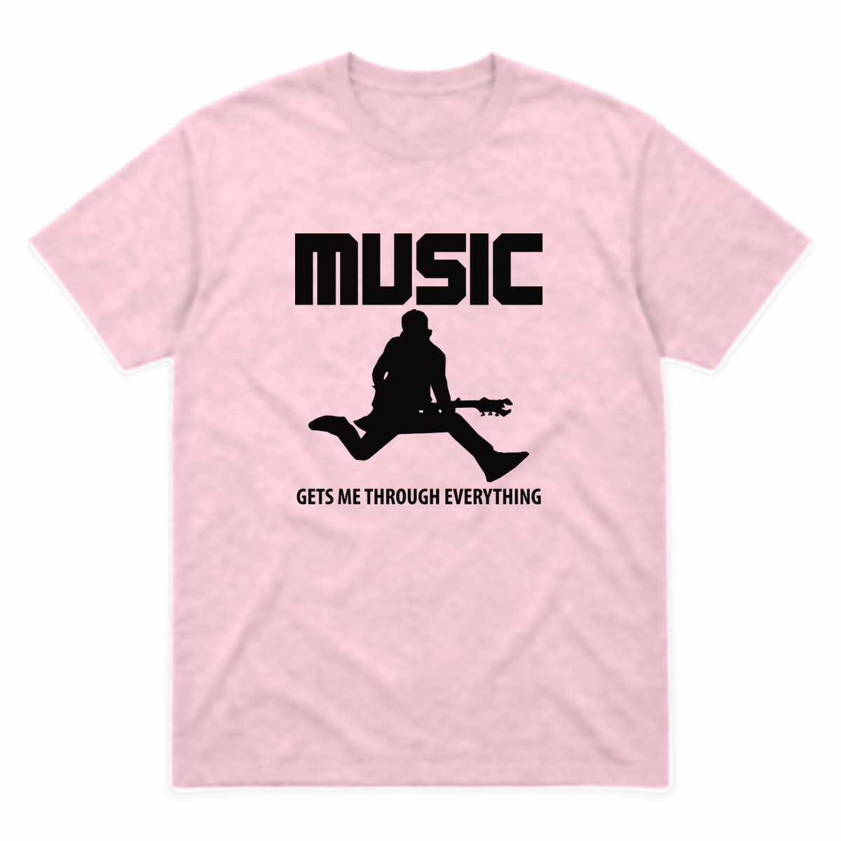 Music Gets Me Through graphic tee in light pink with black print, front view