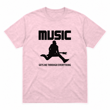 Music Gets Me Through graphic tee in light pink with black print, front view