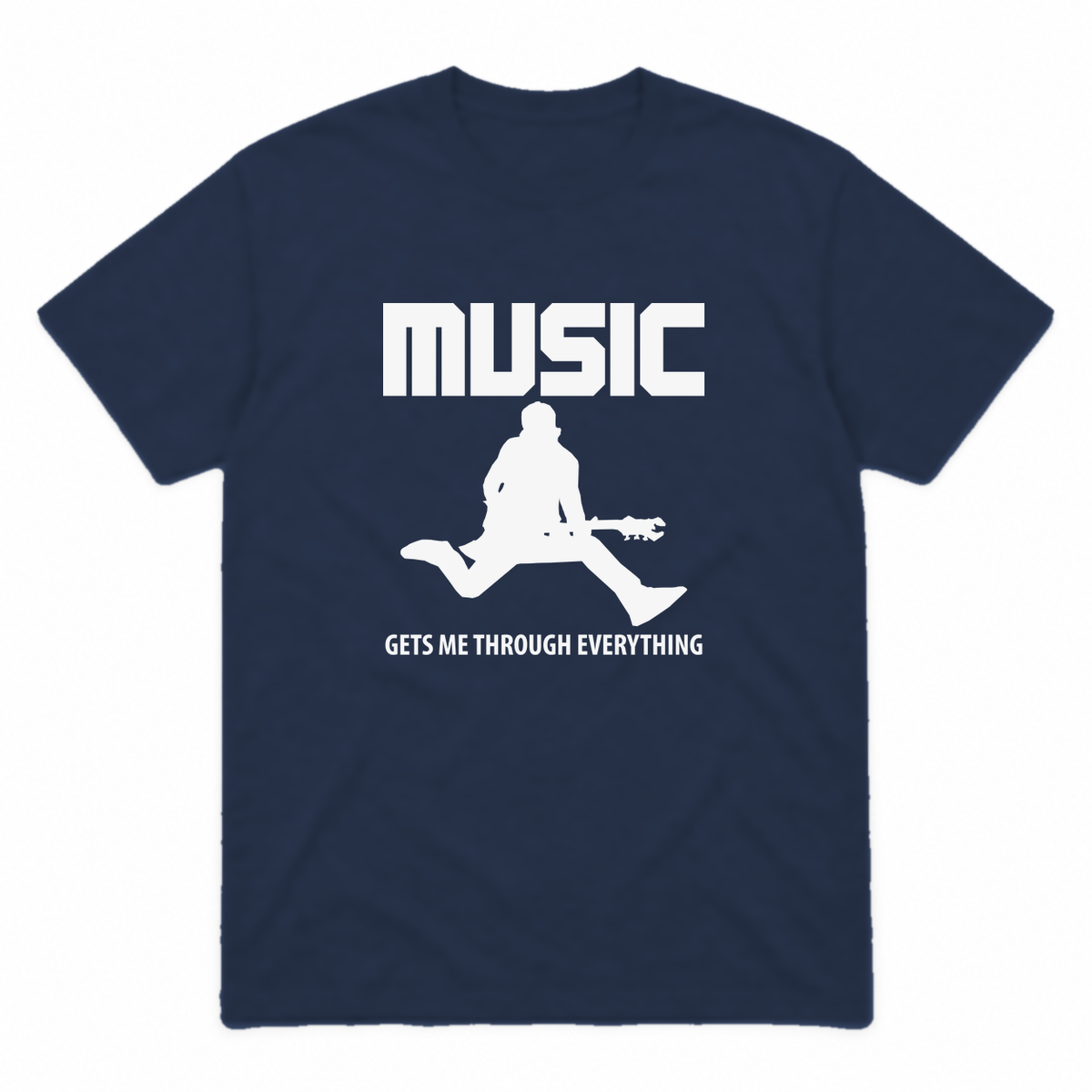 Music Gets Me Through graphic tee in navy with white print, front view