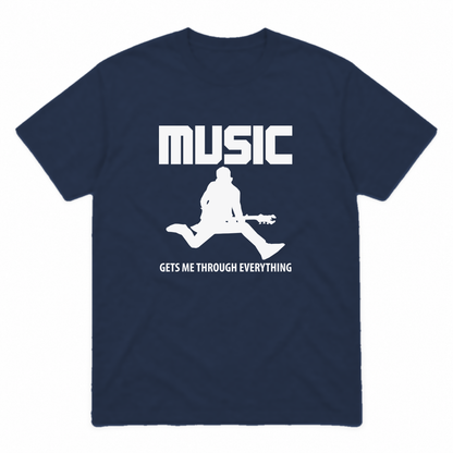 Music Gets Me Through graphic tee in navy with white print, front view