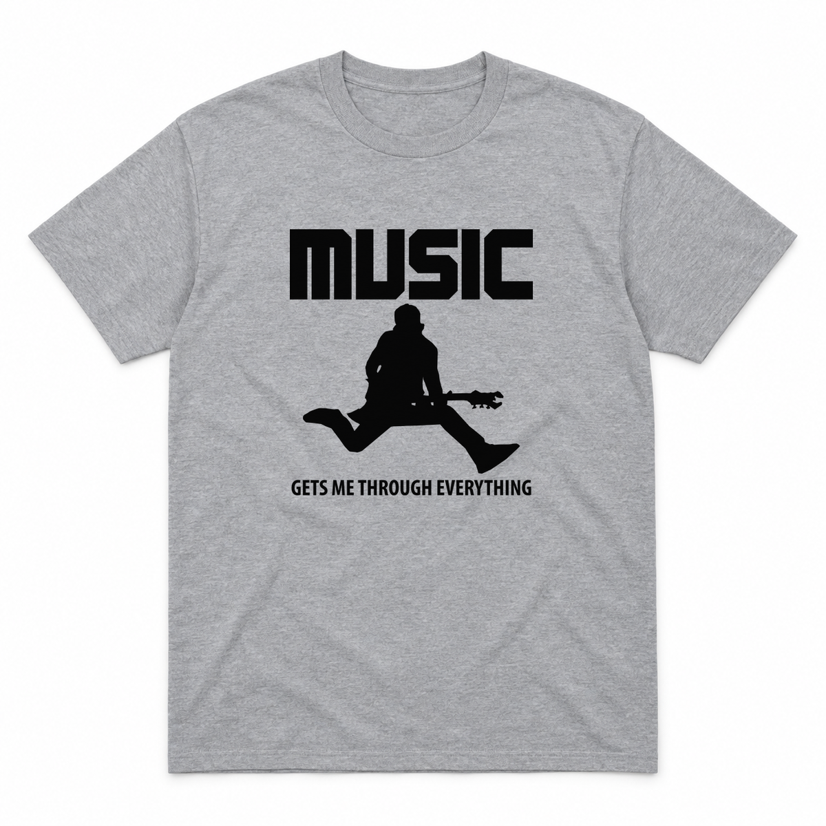 Music Gets Me Through graphic tee in sport grey with black print, front view