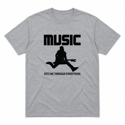 Music Gets Me Through graphic tee in sport grey with black print, front view
