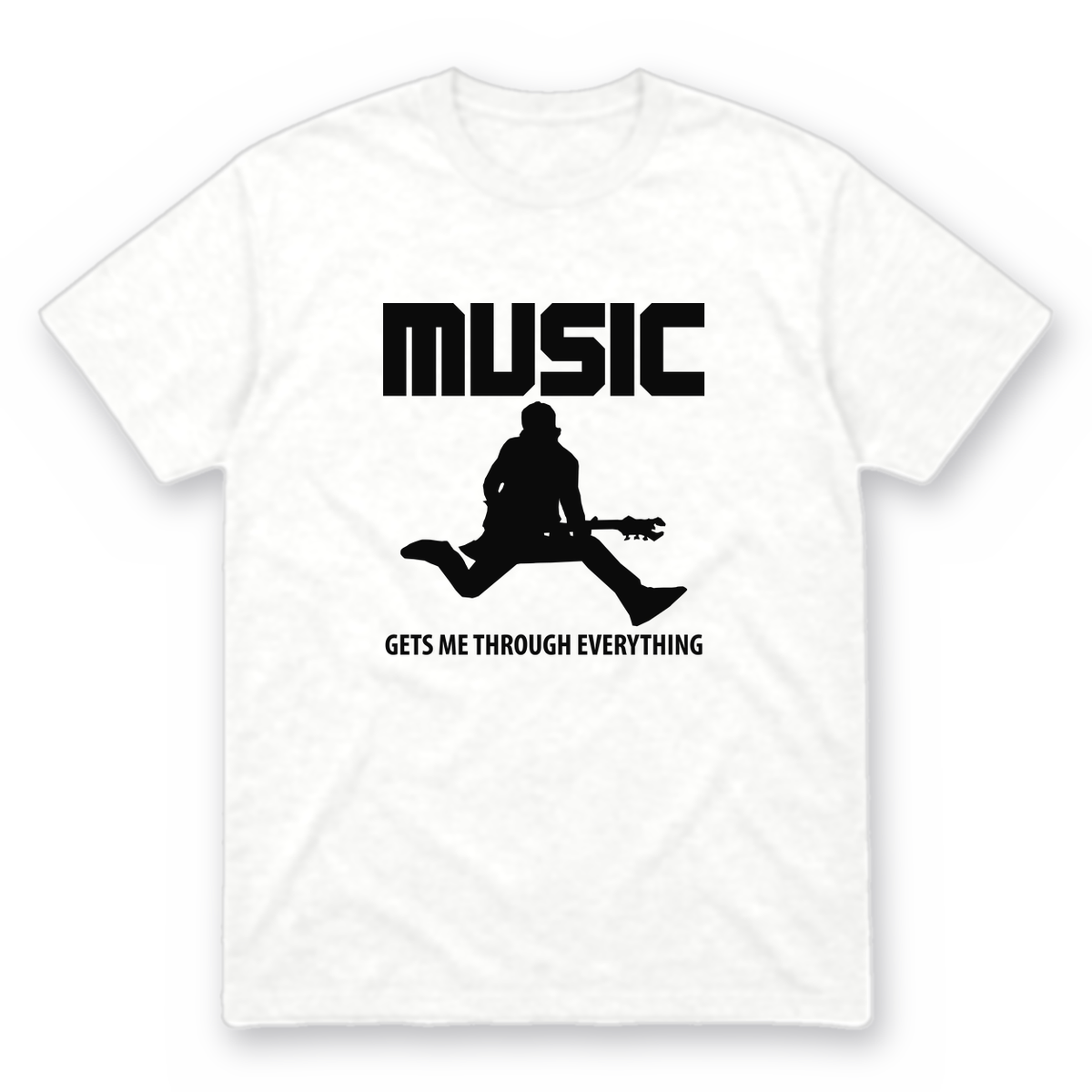 Music Gets Me Through graphic tee in white with black print, front view