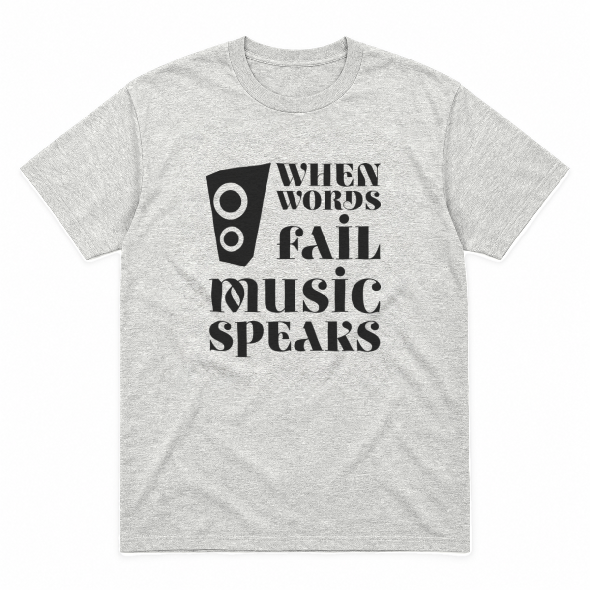 Music Speaks graphic tee in ash with black print, front view