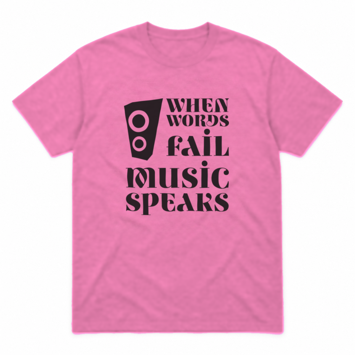 Music Speaks graphic tee in azalea with black print, front view