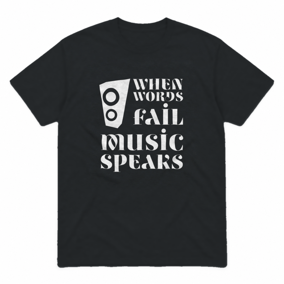Music Speaks graphic tee in black with white print, front view