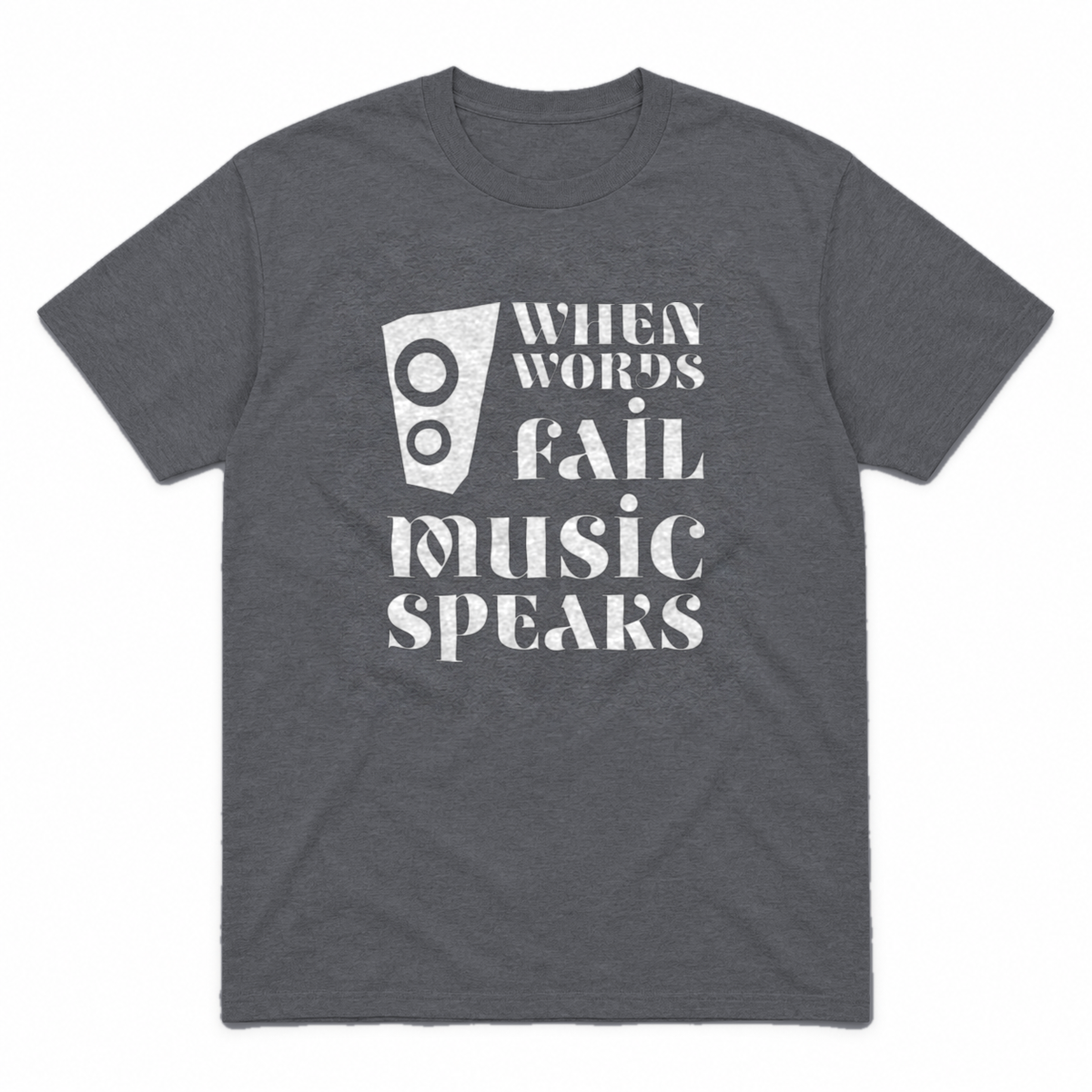 Music Speaks graphic tee in charcoal with white print, front view