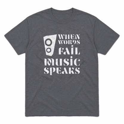 Music Speaks graphic tee in charcoal with white print, front view