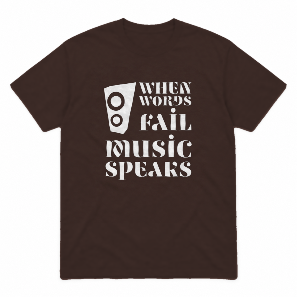 Music Speaks graphic tee in dark chocolate with white print, front view