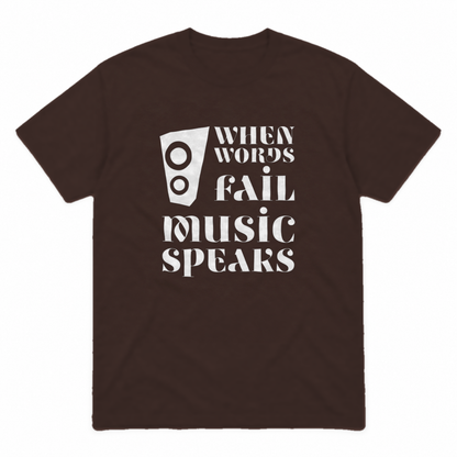 Music Speaks graphic tee in dark chocolate with white print, front view