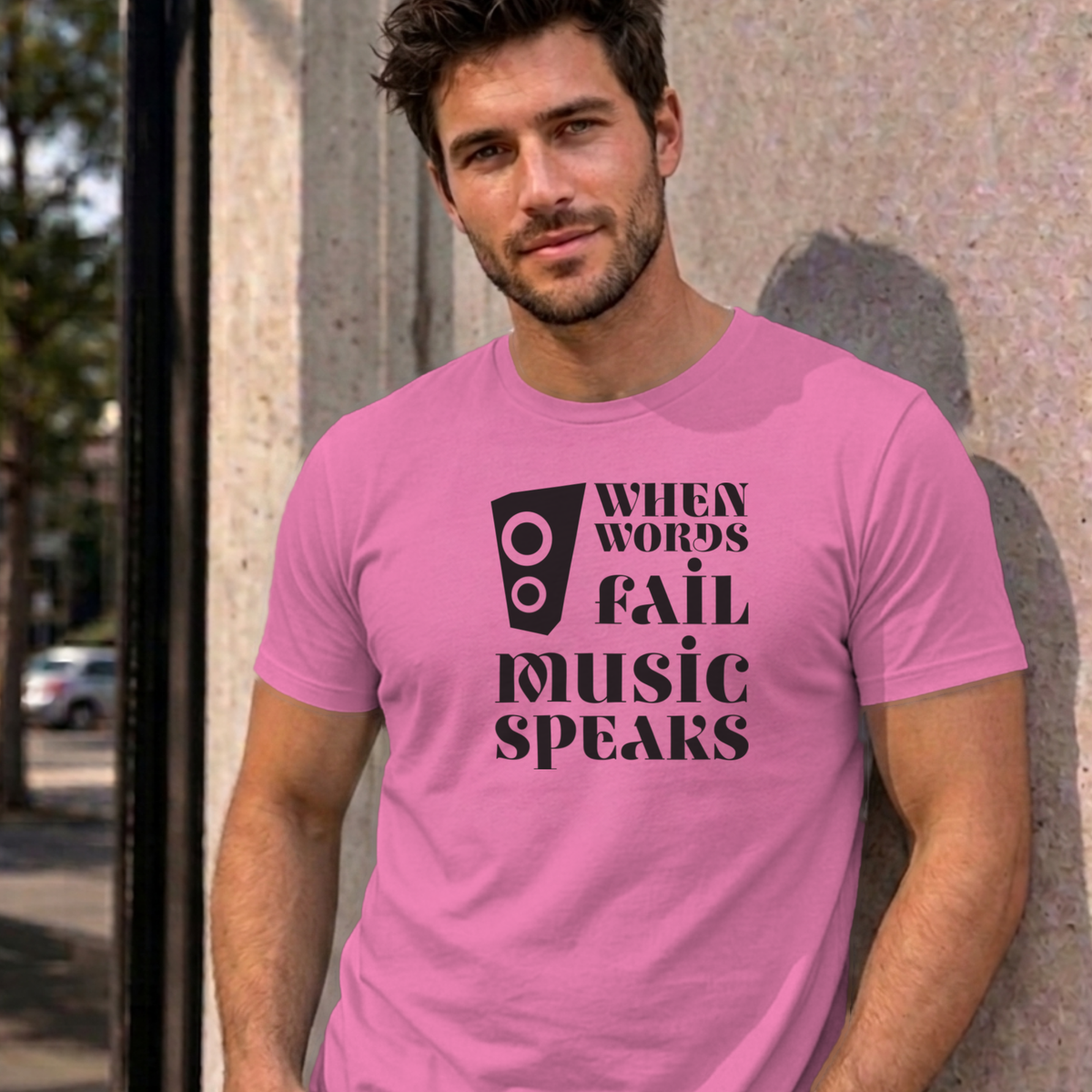 Man wearing the azalea Music Speaks graphic tee