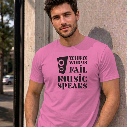 Man wearing the azalea Music Speaks graphic tee