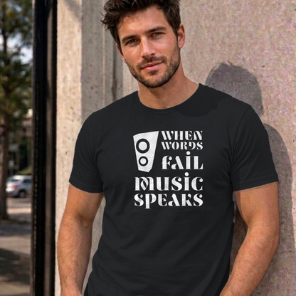 Man wearing the black Music Speaks graphic tee