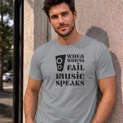Man wearing the sport grey Music Speaks graphic tee