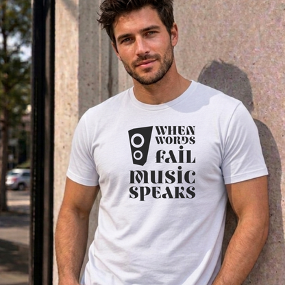 Man wearing the white Music Speaks graphic tee