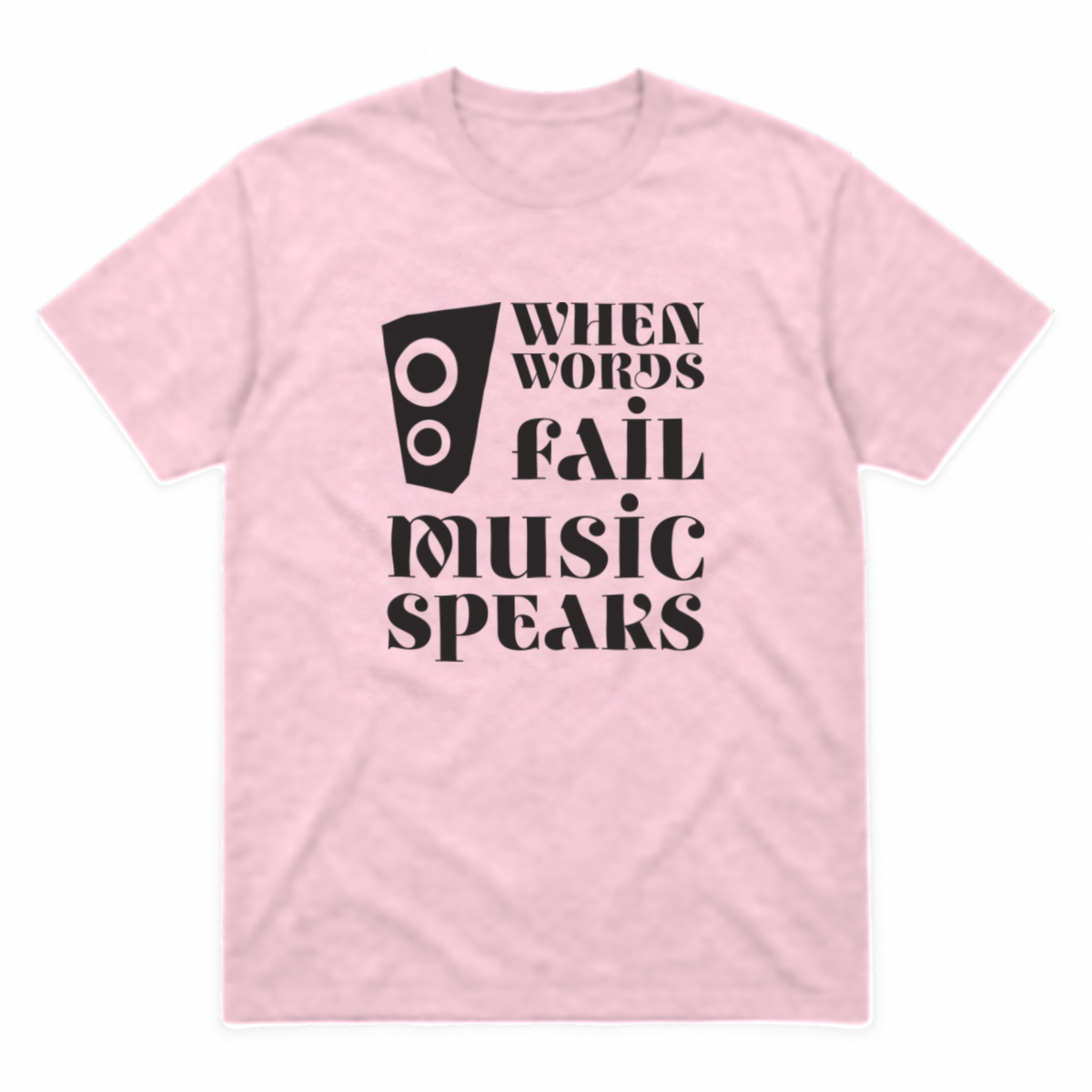 Music Speaks graphic tee in light pink with black print, front view