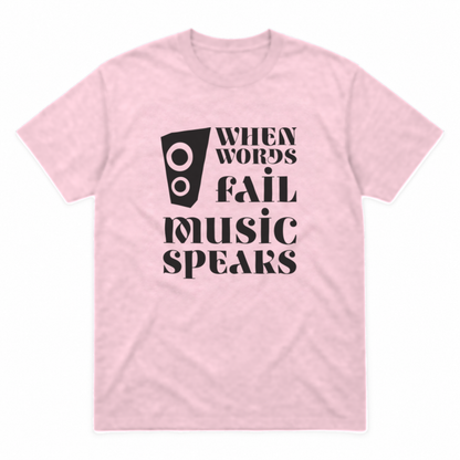 Music Speaks graphic tee in light pink with black print, front view