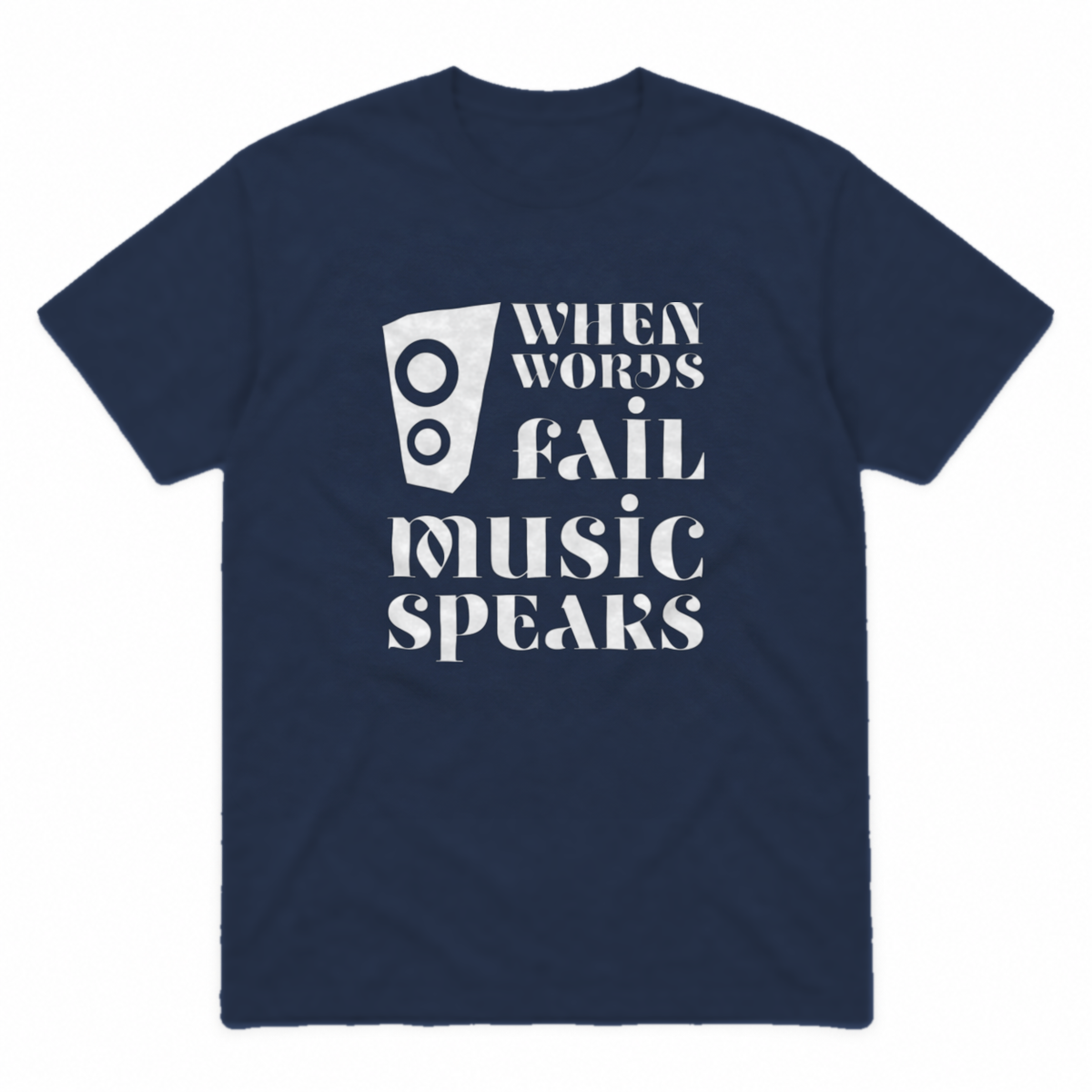 Music Speaks graphic tee in navy with white print, front view