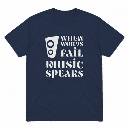 Music Speaks graphic tee in navy with white print, front view