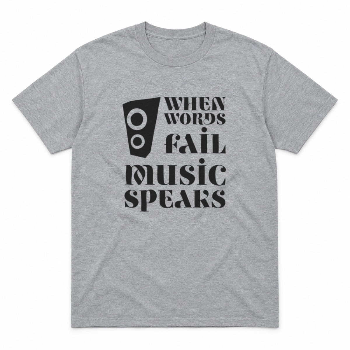Music Speaks graphic tee in sport grey with black print, front view