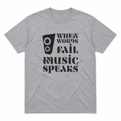 Music Speaks graphic tee in sport grey with black print, front view