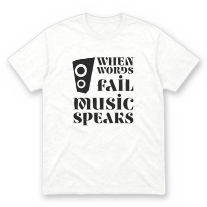 Music Speaks graphic tee in white with black print, front view